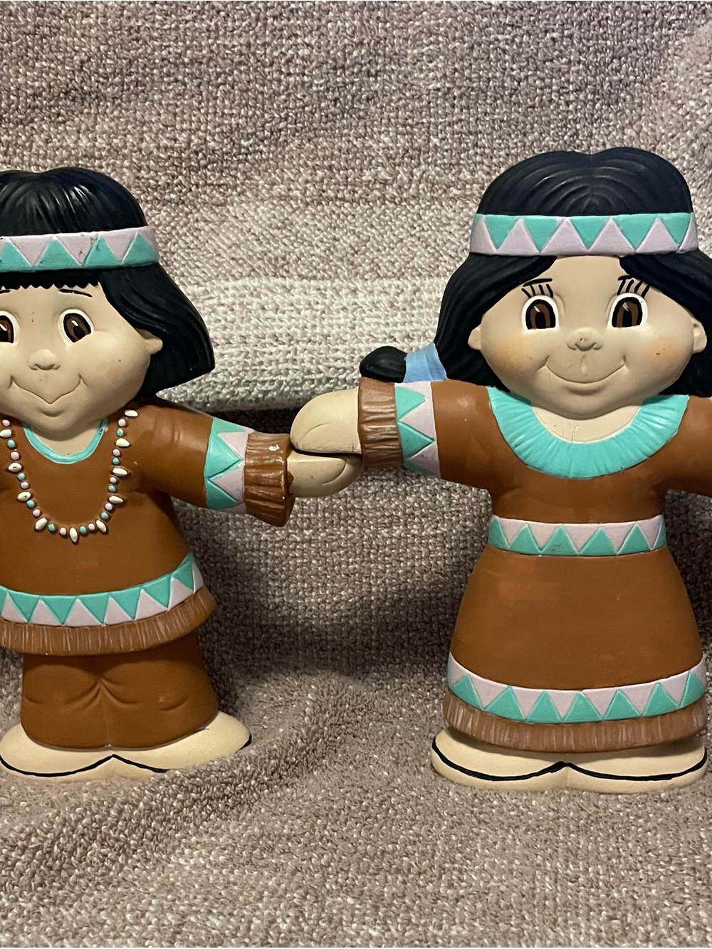 Brown and Teal Native-Inspired Kids ceramic Figures - Set of 2. Two sided